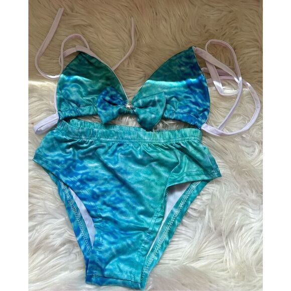 Mermaid 2 piece bikini set girls size 5 aqua - Picture 2 of 5